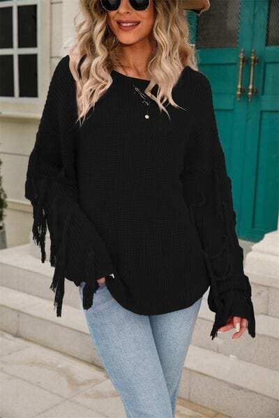 Fringe Round Neck Dropped Shoulder Sweater - Trendsi - Flyclothing LLC