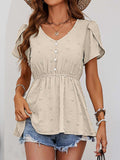 Swiss Dot Buttoned Petal Sleeve Peplum Blouse - Trendsi - Flyclothing LLC