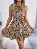 Halter Neck Printed Tie Waist Sleeveless Mini Dress - Trendsi - Flyclothing LLC