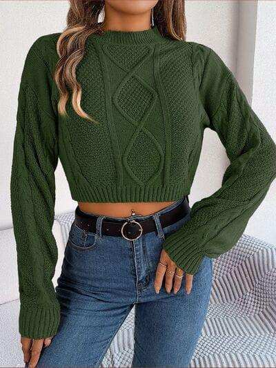 Cable-Knit Round Neck Cropped Sweater - Trendsi - Flyclothing LLC