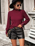Mock Neck Ribbed Lantern Sleeve Pullover Sweater - Trendsi - Flyclothing LLC