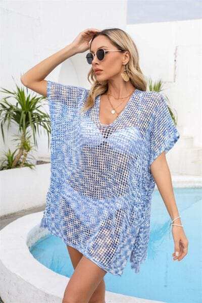 Openwork Slit V-Neck Cover Up - Trendsi - Flyclothing LLC