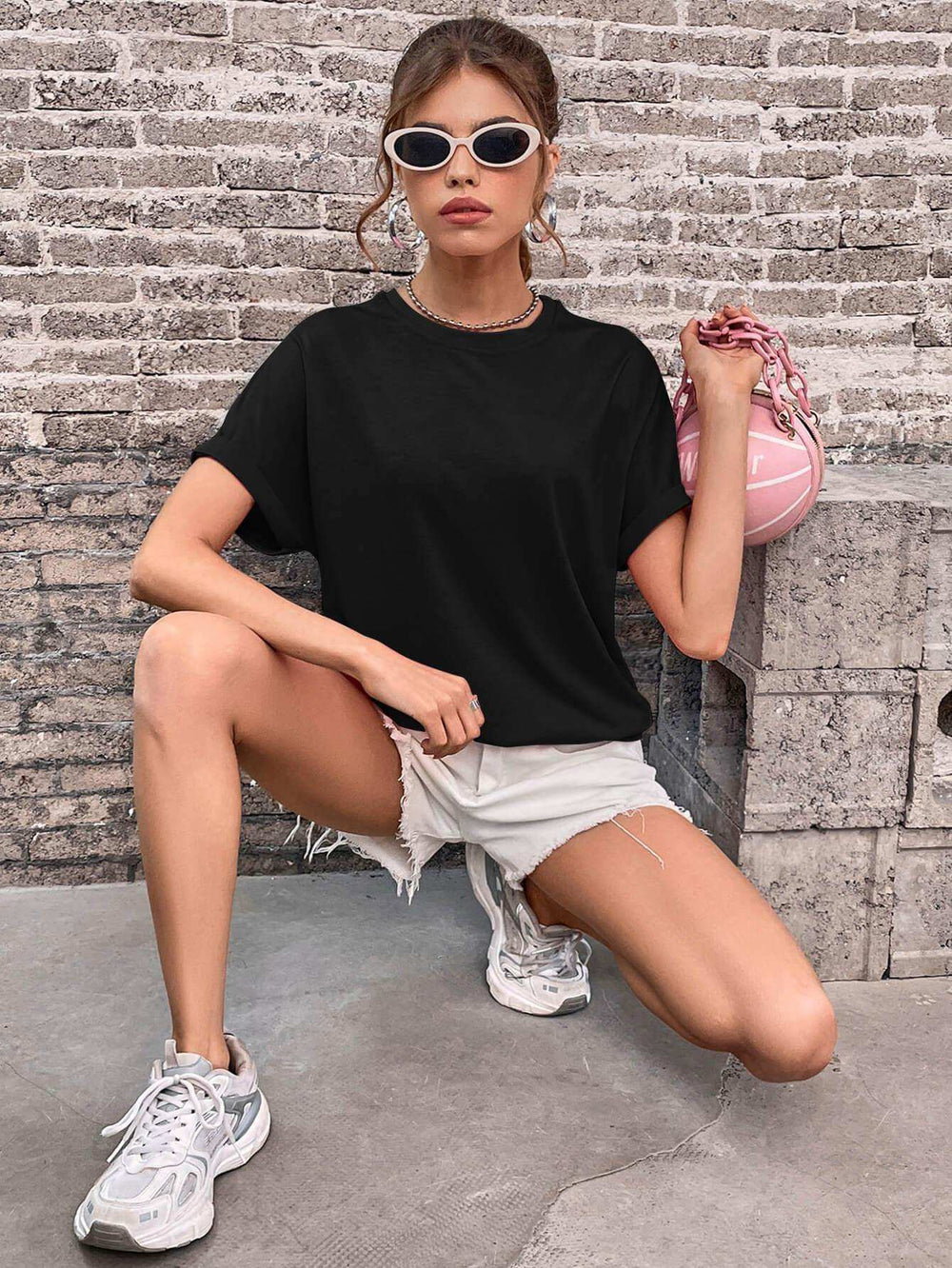 Round Neck Cuffed Sleeve T-Shirt - Trendsi - Flyclothing LLC