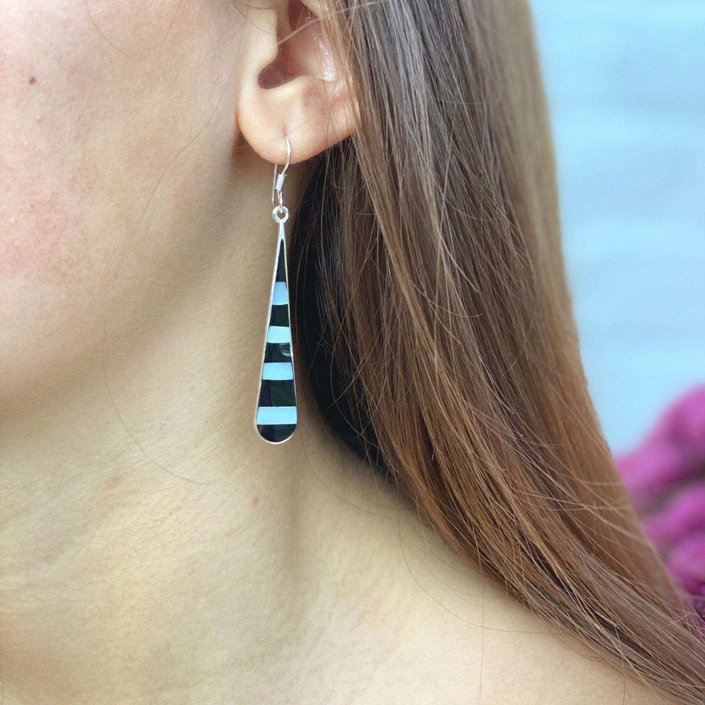 Taxco Silver Black Onyz & Abalone Zebra Long Teardrop Earrings - Artisana - Flyclothing LLC
