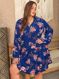 Plus Size Printed Tie Neck Balloon Sleeve Mini Dress - Trendsi - Flyclothing LLC