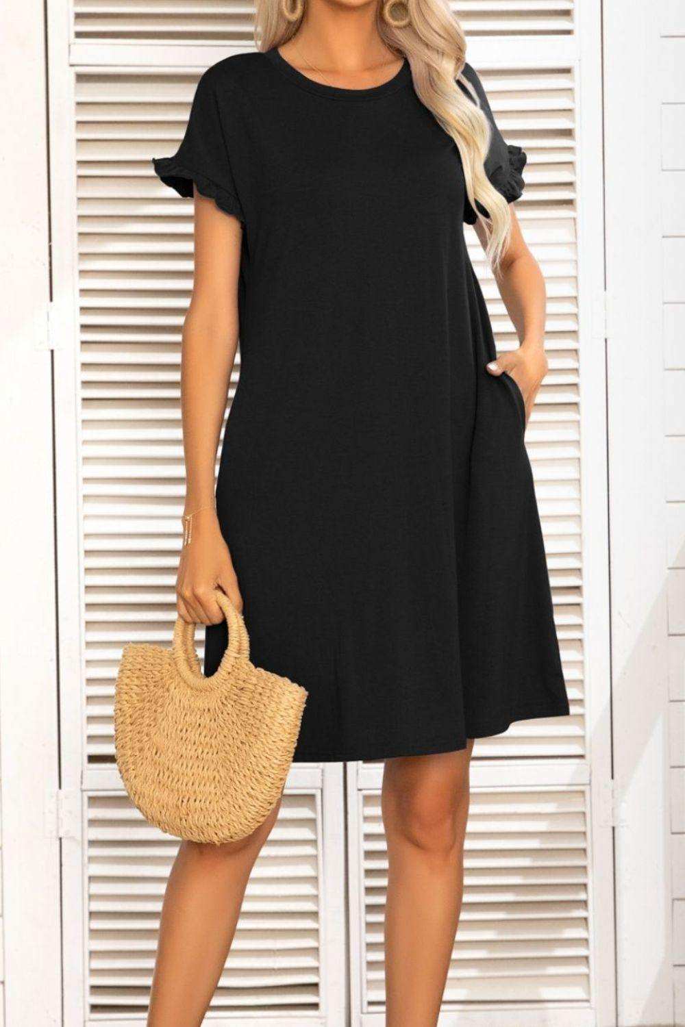 Flounce Sleeve Round Neck Dress with Pockets - Trendsi - Flyclothing LLC