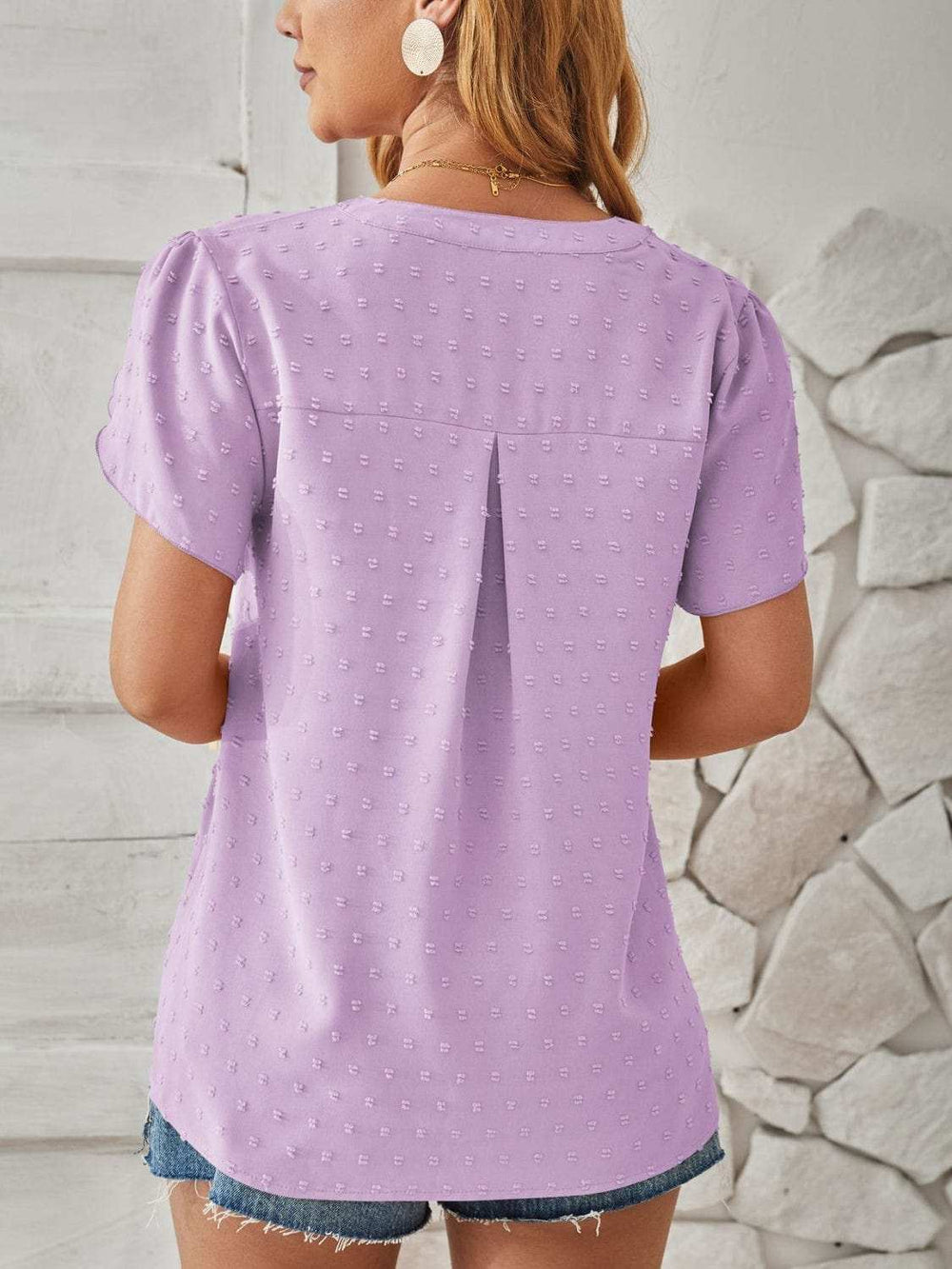 Swiss Dot Notched Petal Sleeve T-Shirt - Trendsi - Flyclothing LLC