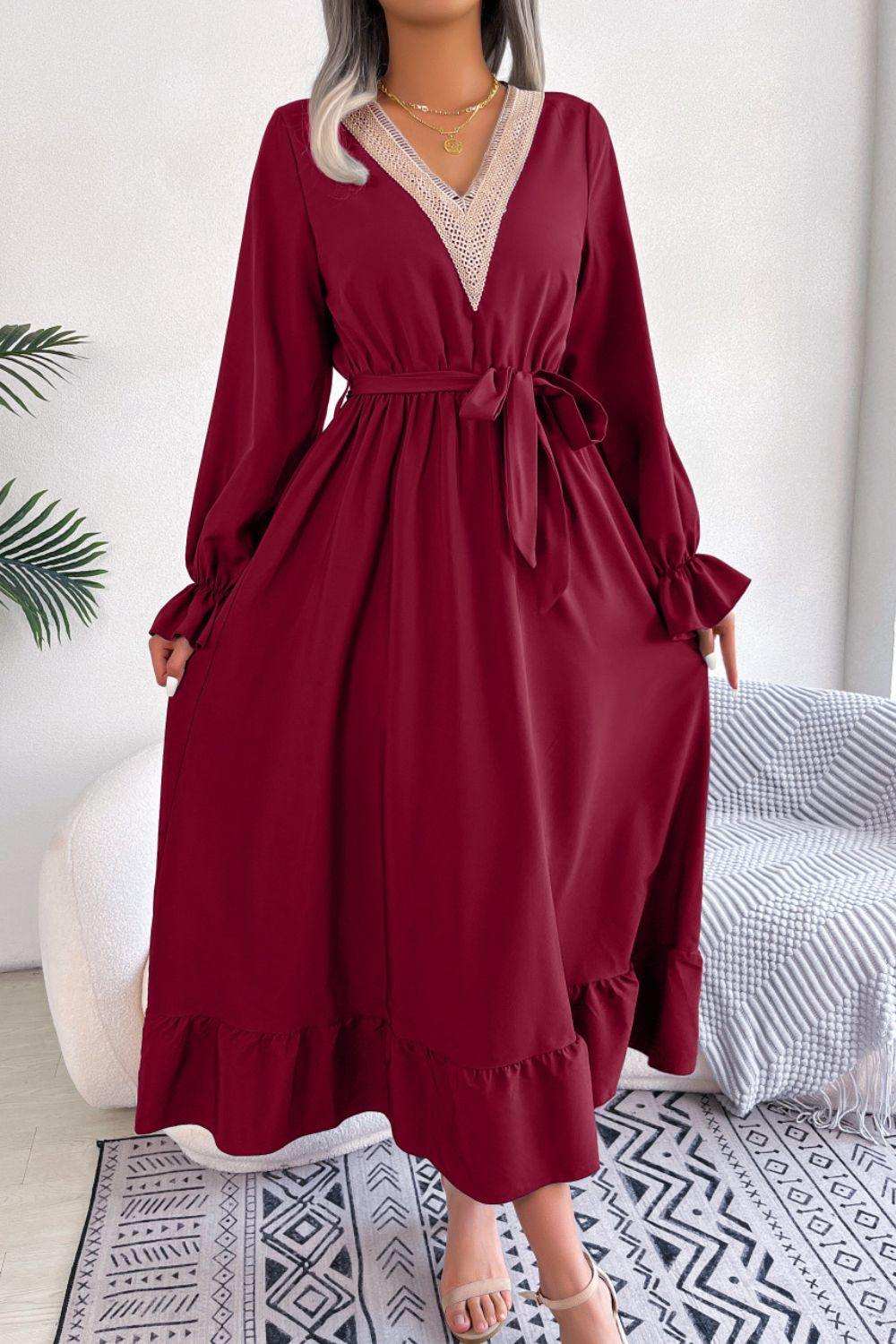 Contrast Belted Flounce Sleeve Dress - Trendsi - Flyclothing LLC