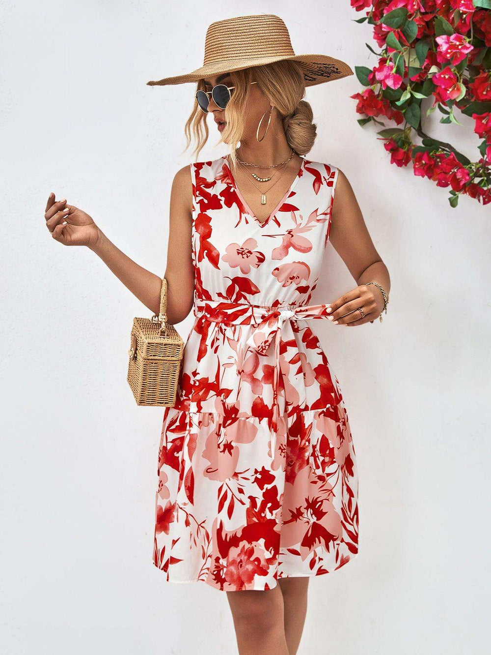 Floral V-Neck Tie Waist Sleeveless Dress - Trendsi - Flyclothing LLC