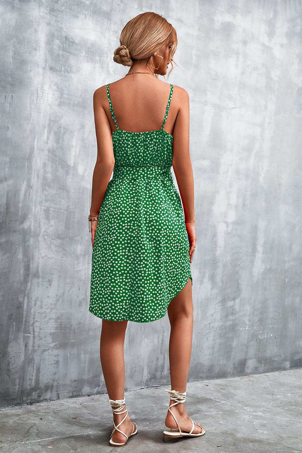 Printed V-Neck Tie Waist Mini Dress - Trendsi - Flyclothing LLC