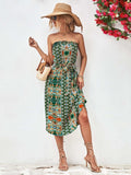 Printed Strapless Tie Belt Dress - Trendsi - Flyclothing LLC