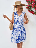 Floral V-Neck Tie Waist Sleeveless Dress - Trendsi - Flyclothing LLC