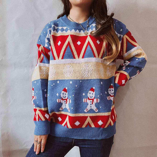 Printed Round Neck Long Sleeve Sweater - Trendsi - Flyclothing LLC