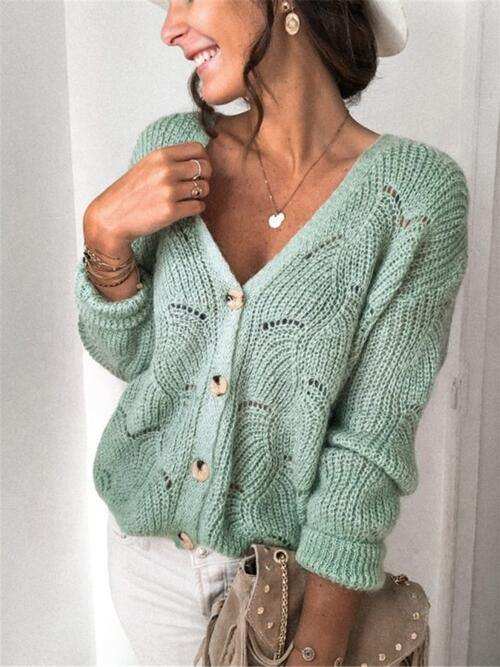 Openwork Button Up Long Sleeve Cardigan - Trendsi - Flyclothing LLC