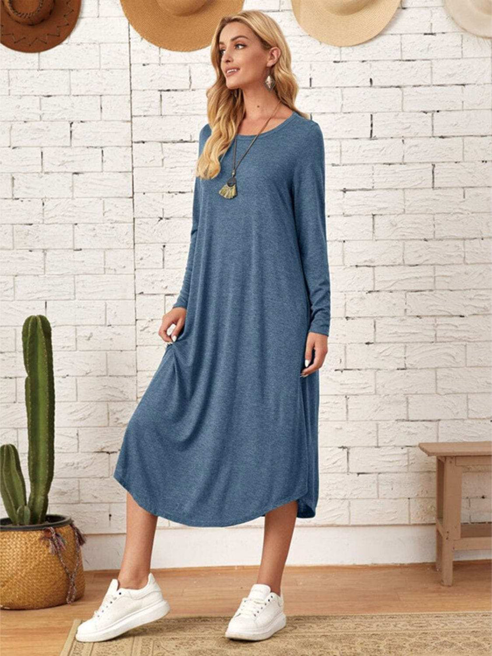 Pocketed Round Neck Long Sleeve Tee Dress - Trendsi - Flyclothing LLC