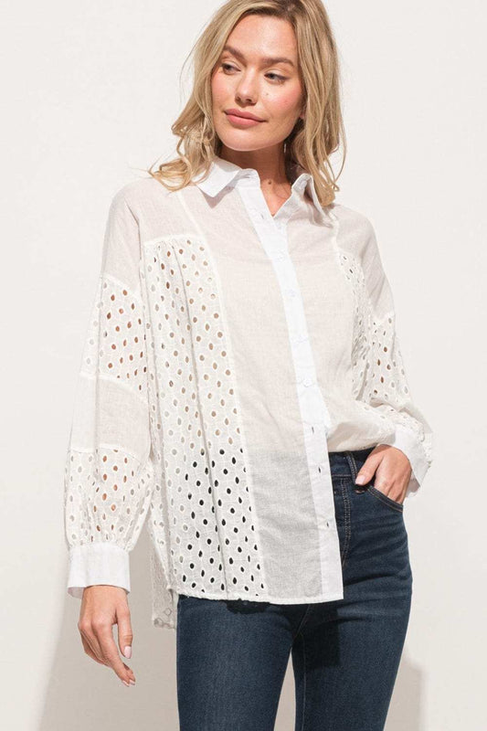 And The Why Eyelet Long Sleeve Button Down Shirt - Trendsi - Flyclothing LLC