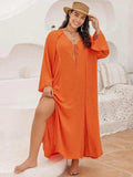 Plus Size Tie Neck Long Sleeve Slit Dress - Trendsi - Flyclothing LLC