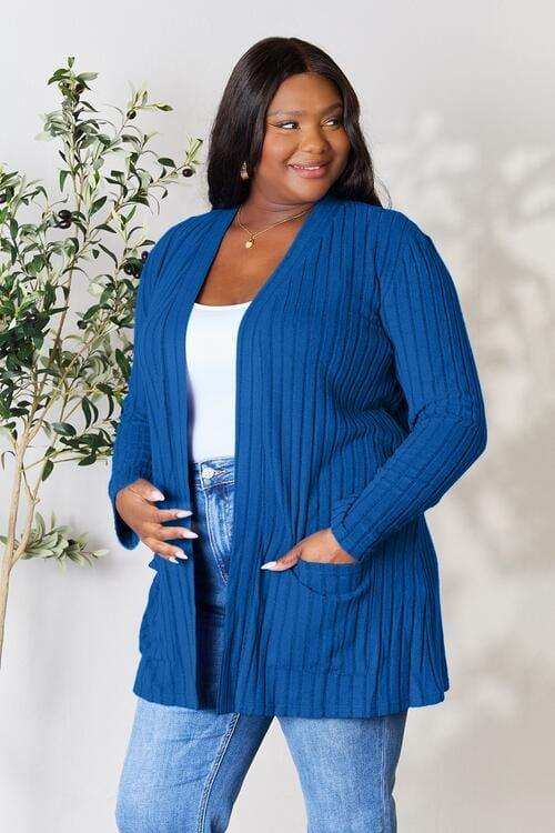 Basic Bae Full Size Ribbed Open Front Cardigan with Pockets - Trendsi - Flyclothing LLC