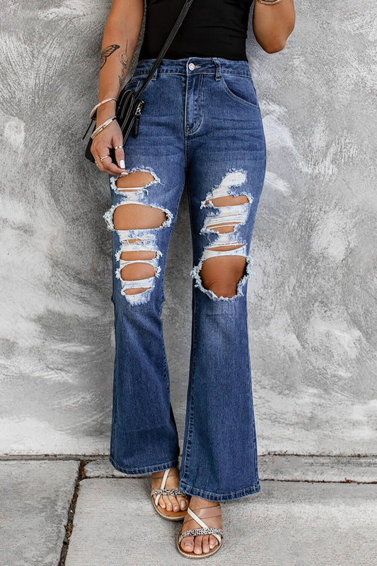 Distressed High Waist Flare Jeans - Flyclothing LLC