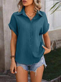 Textured Button Up Cap Sleeve Shirt - Trendsi - Flyclothing LLC