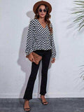 Checkered V-Neck Balloon Sleeve Peplum Blouse - Trendsi - Flyclothing LLC