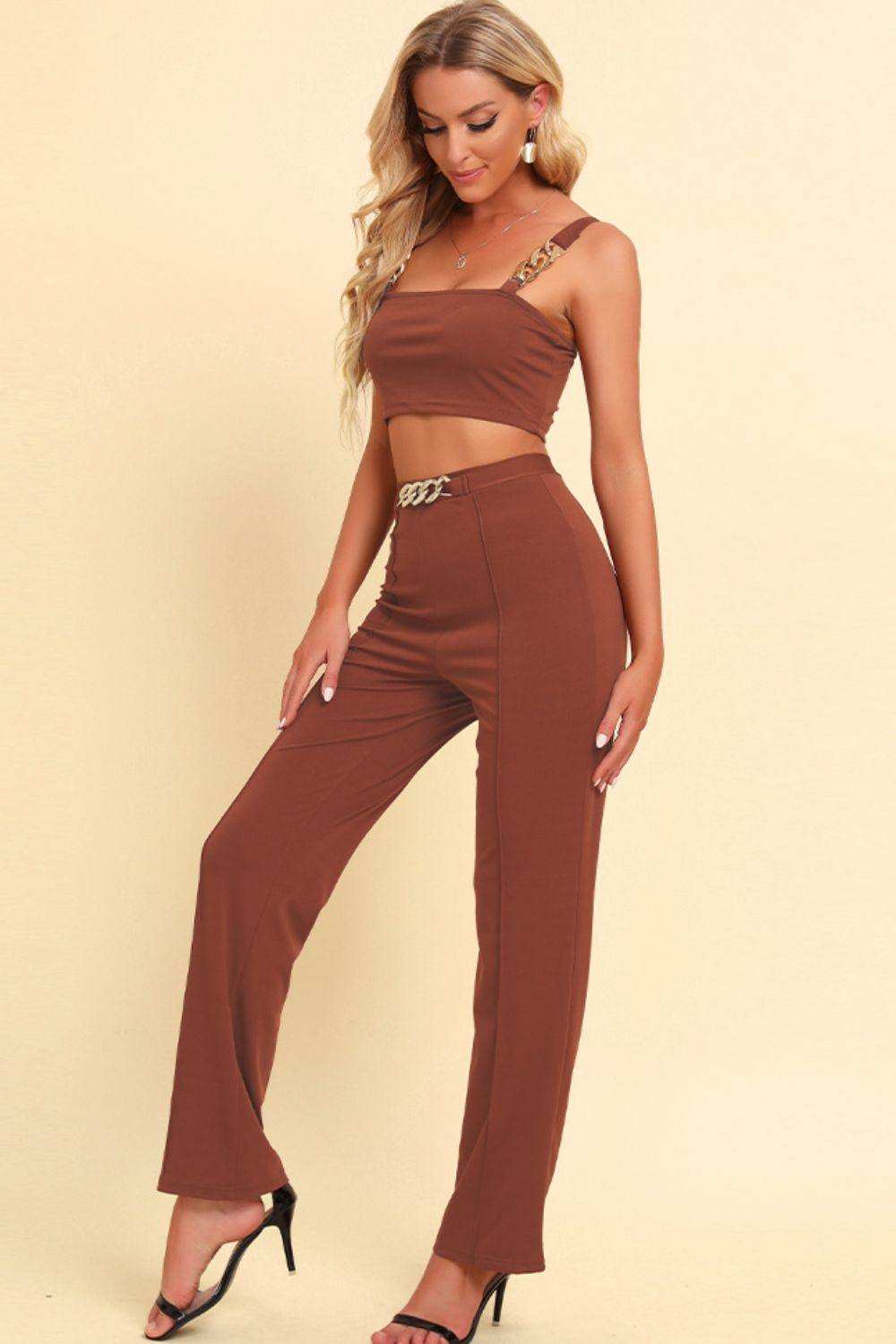 Chain Detail Cropped Cami and Straight Leg Pants Set - Trendsi - Flyclothing LLC