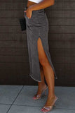 Raw Hem Slit Pocketed Midi Denim Skirt - Trendsi - Flyclothing LLC