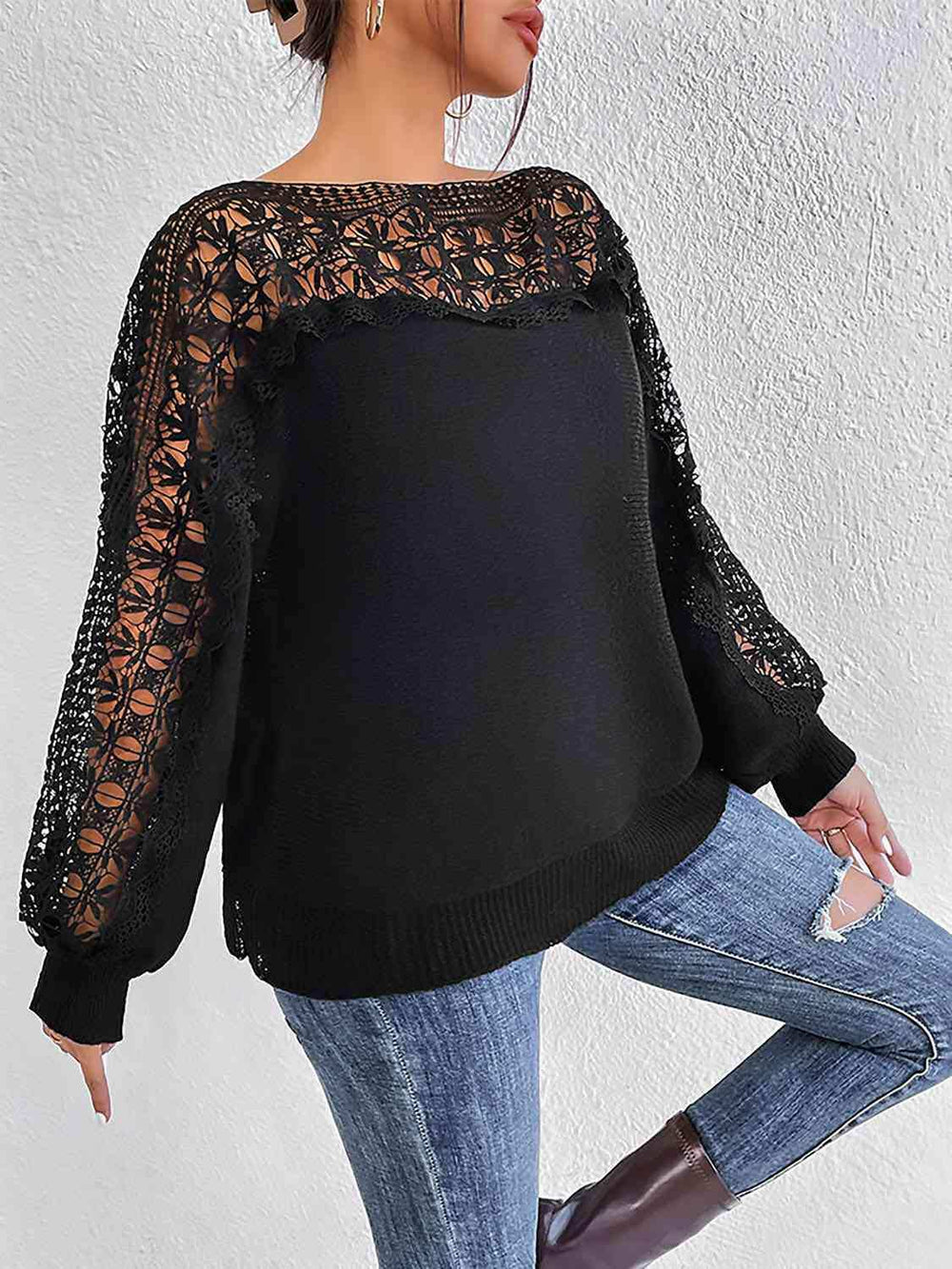 Lace Trim Boat Neck Knit Top - Trendsi - Flyclothing LLC