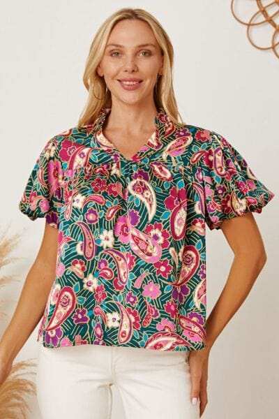 Floral Collared Neck Short Sleeve Blouse - Trendsi - Flyclothing LLC