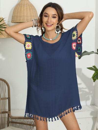 Tassel Boat Neck Flutter Sleeve Cover Up - Trendsi - Flyclothing LLC
