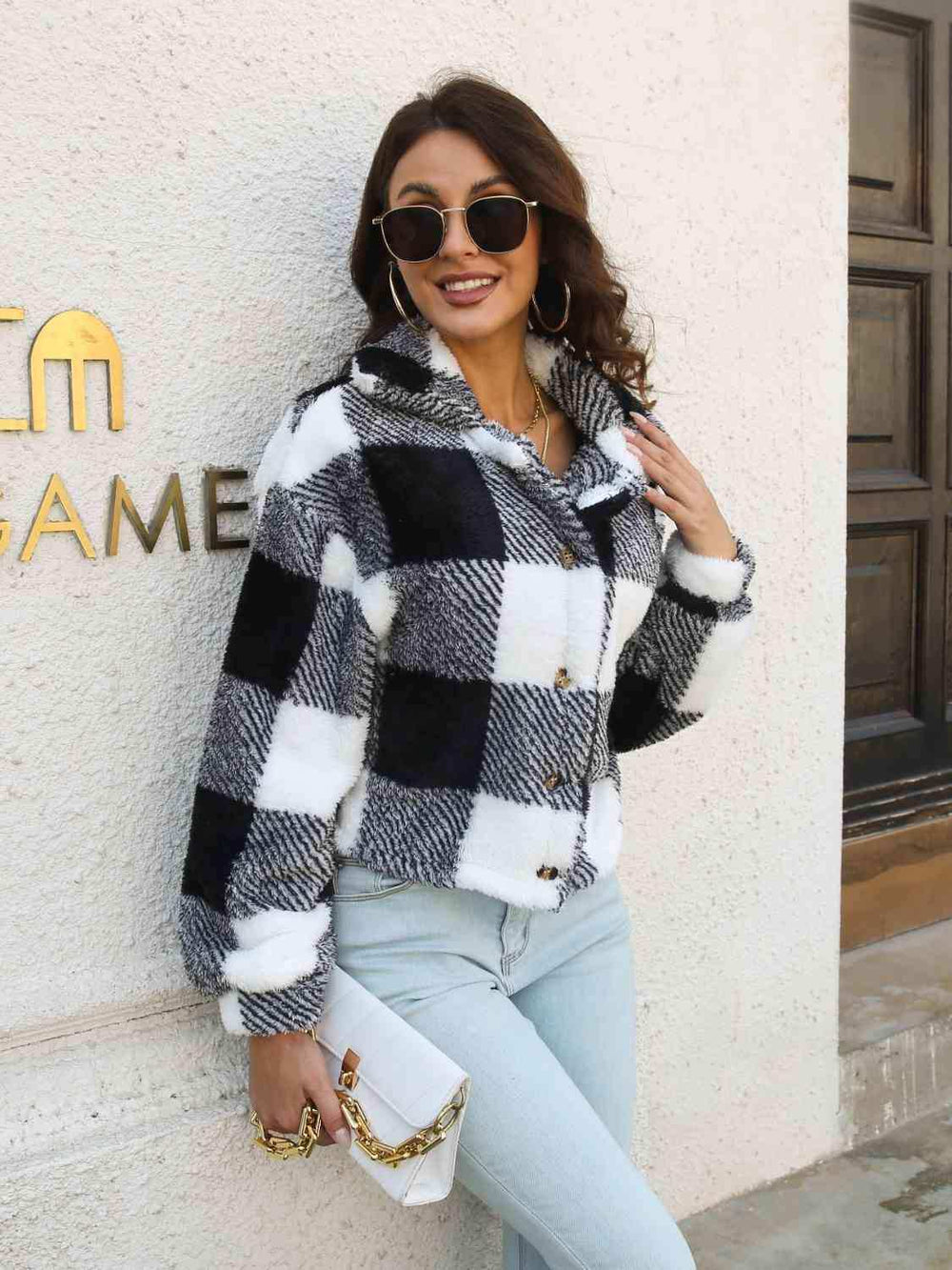 Plaid Dropped Shoulder Buttoned Jacket - Trendsi - Flyclothing LLC