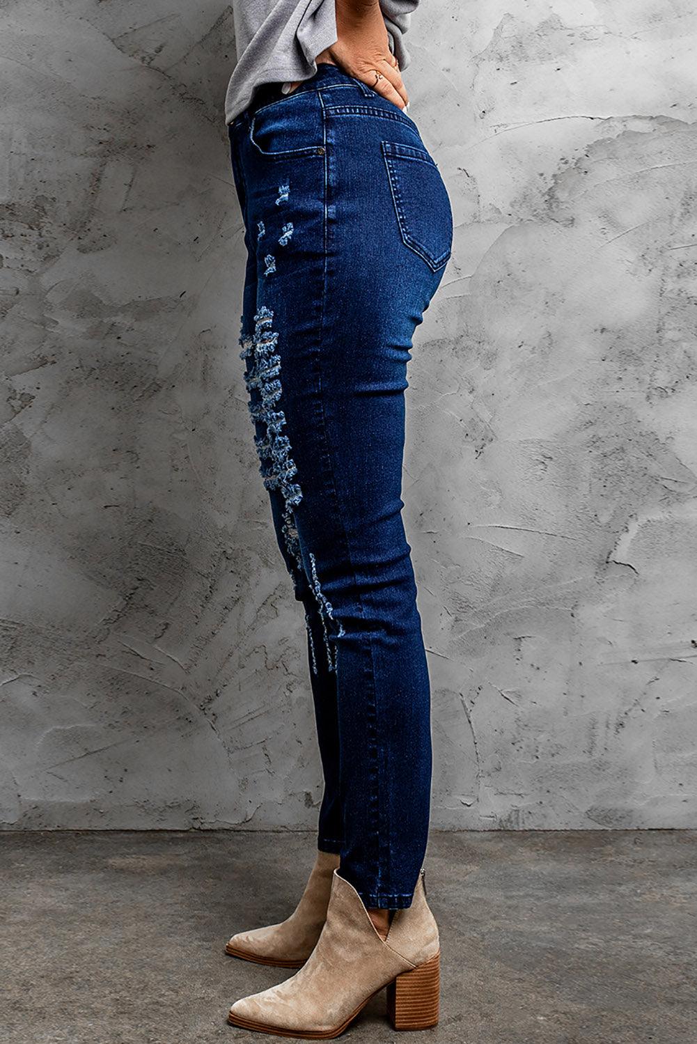 Mid-Rise Waist Distressed Skinny Jeans - Flyclothing LLC
