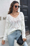 Openwork V-Neck Dropped Shoulder Sweater - Trendsi - Flyclothing LLC