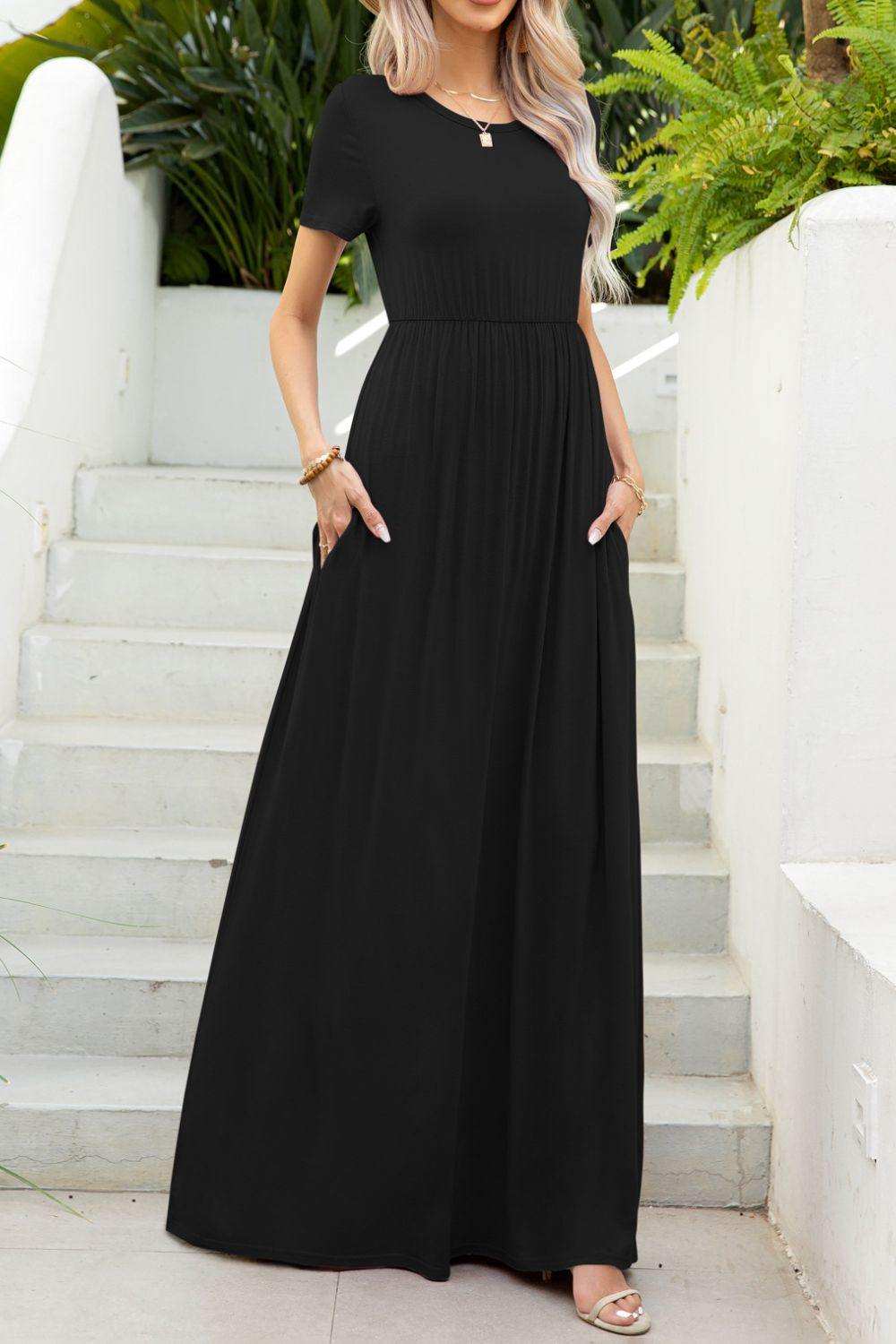 Round Neck Maxi Tee Dress with Pockets - Trendsi - Flyclothing LLC
