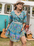 Plus Size Printed Tie Neck Mini Dress - Trendsi - Flyclothing LLC