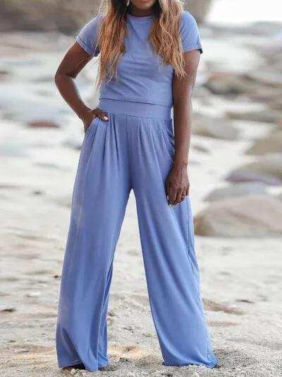 Round Neck Short Sleeve Top and Pocketed Pants Set - Trendsi - Flyclothing LLC