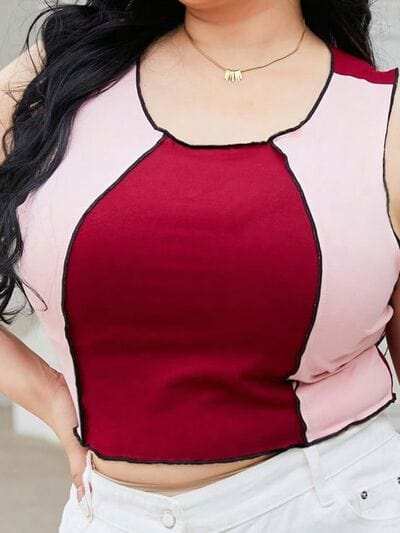 Plus Size Contrast Round Neck Tank - Trendsi - Flyclothing LLC