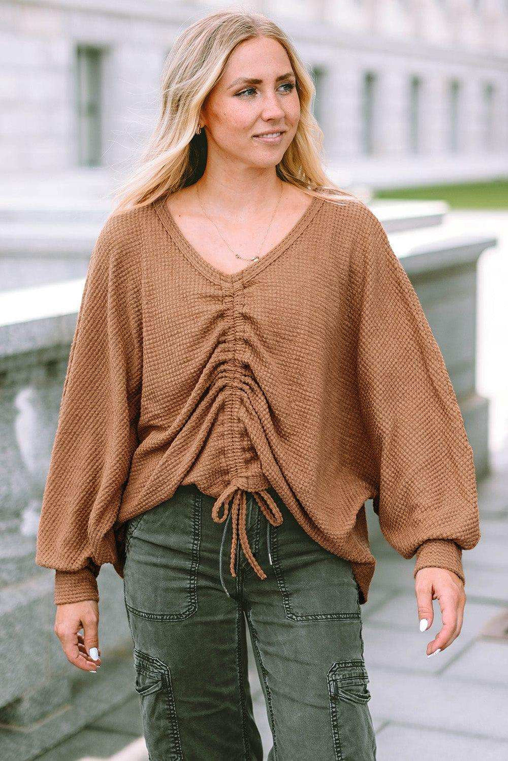 Drawstring Ruched V-Neck Blouse - Trendsi - Flyclothing LLC