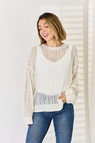 HYFVE Openwork Ribbed Trim Long Sleeve Knit Top - Trendsi - Flyclothing LLC