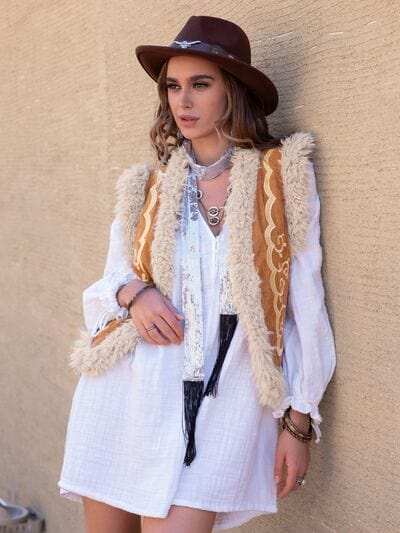 Fuzzy Open Front Vest Coat - Trendsi - Flyclothing LLC