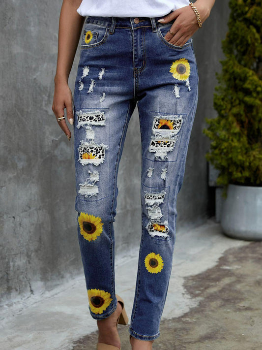 Leopard Patchwork Sunflower Print Distressed High Waist Jeans - Flyclothing LLC