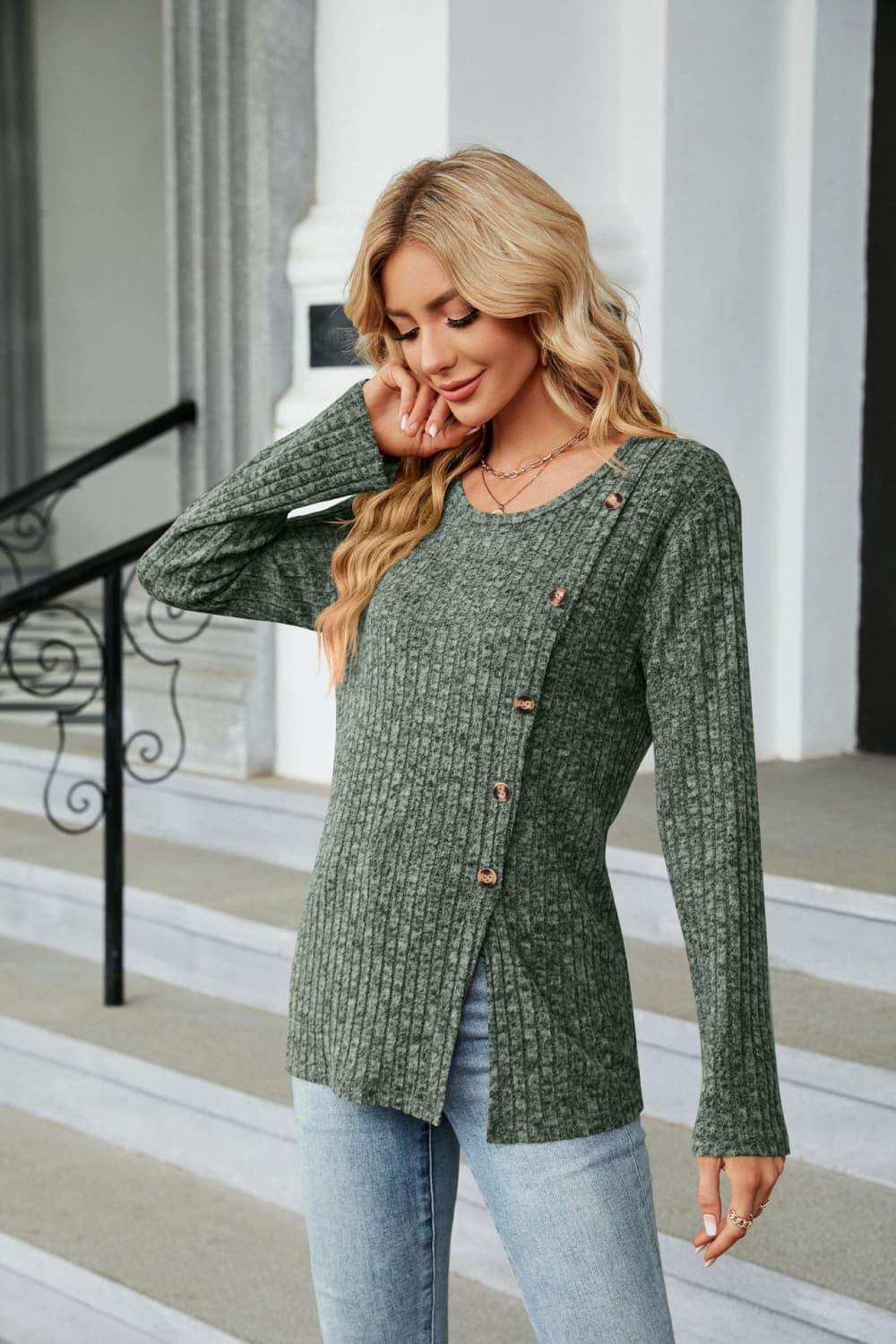 Buttoned Long Sleeve Slit Top - Trendsi - Flyclothing LLC