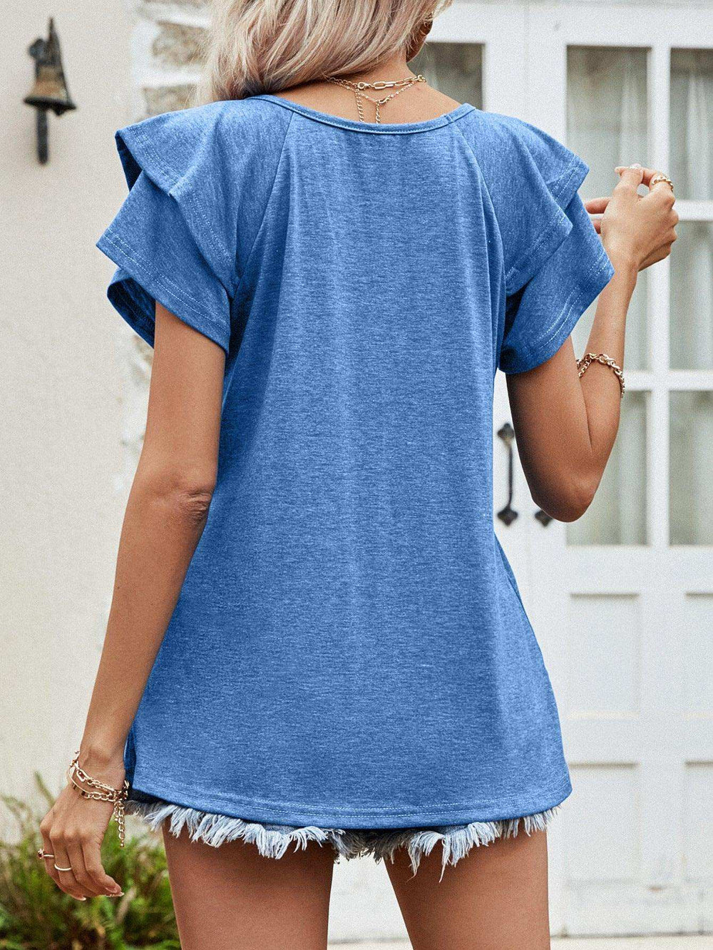 Layered Flutter Sleeve V-Neck Top - Trendsi - Flyclothing LLC