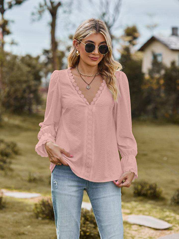 V-Neck Flounce Sleeve Blouse - Trendsi - Flyclothing LLC