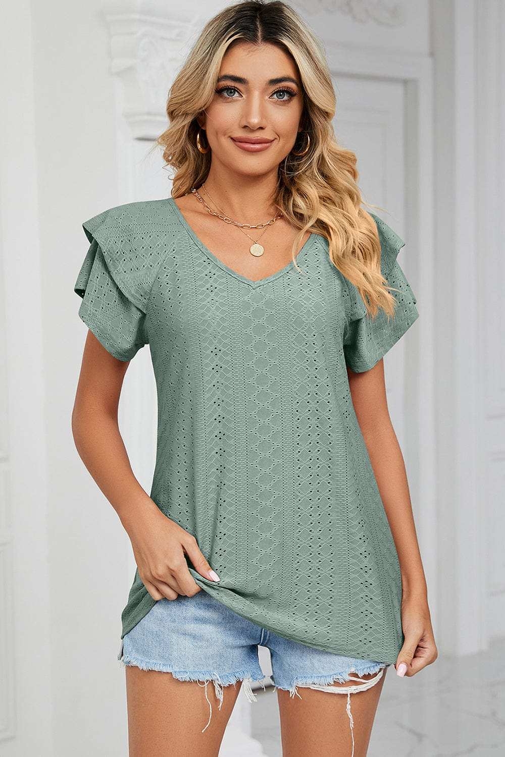 Eyelet V-Neck Short Sleeve T-Shirt - Trendsi - Flyclothing LLC
