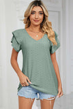 Eyelet V-Neck Short Sleeve T-Shirt - Trendsi - Flyclothing LLC