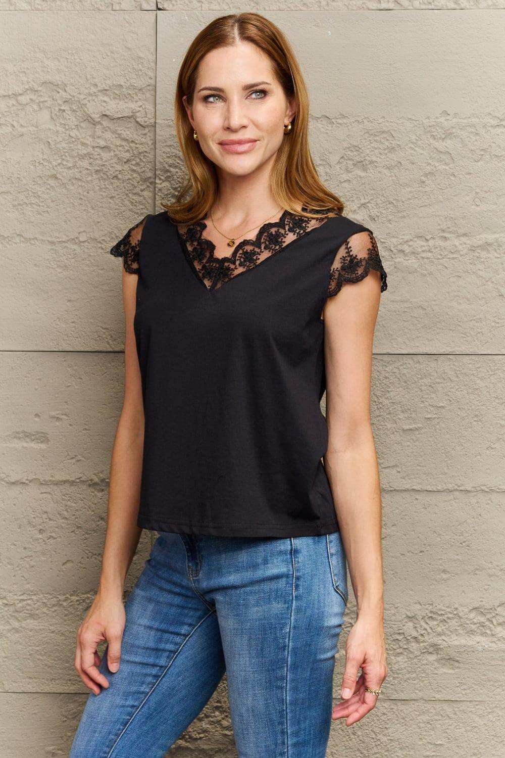 Lace Trim Cap Sleeve Blouse - Trendsi - Flyclothing LLC