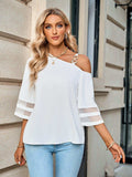 Asymmetrical Neck Sheer Striped Flare Sleeve Blouse - Trendsi - Flyclothing LLC