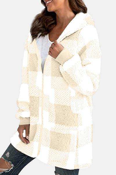 Double Take Full Size Plaid Long Sleeve Hooded Coat - Trendsi - Flyclothing LLC