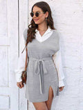 Tie Front V-Neck Sleeveless Slit Sweater Dress - Trendsi - Flyclothing LLC